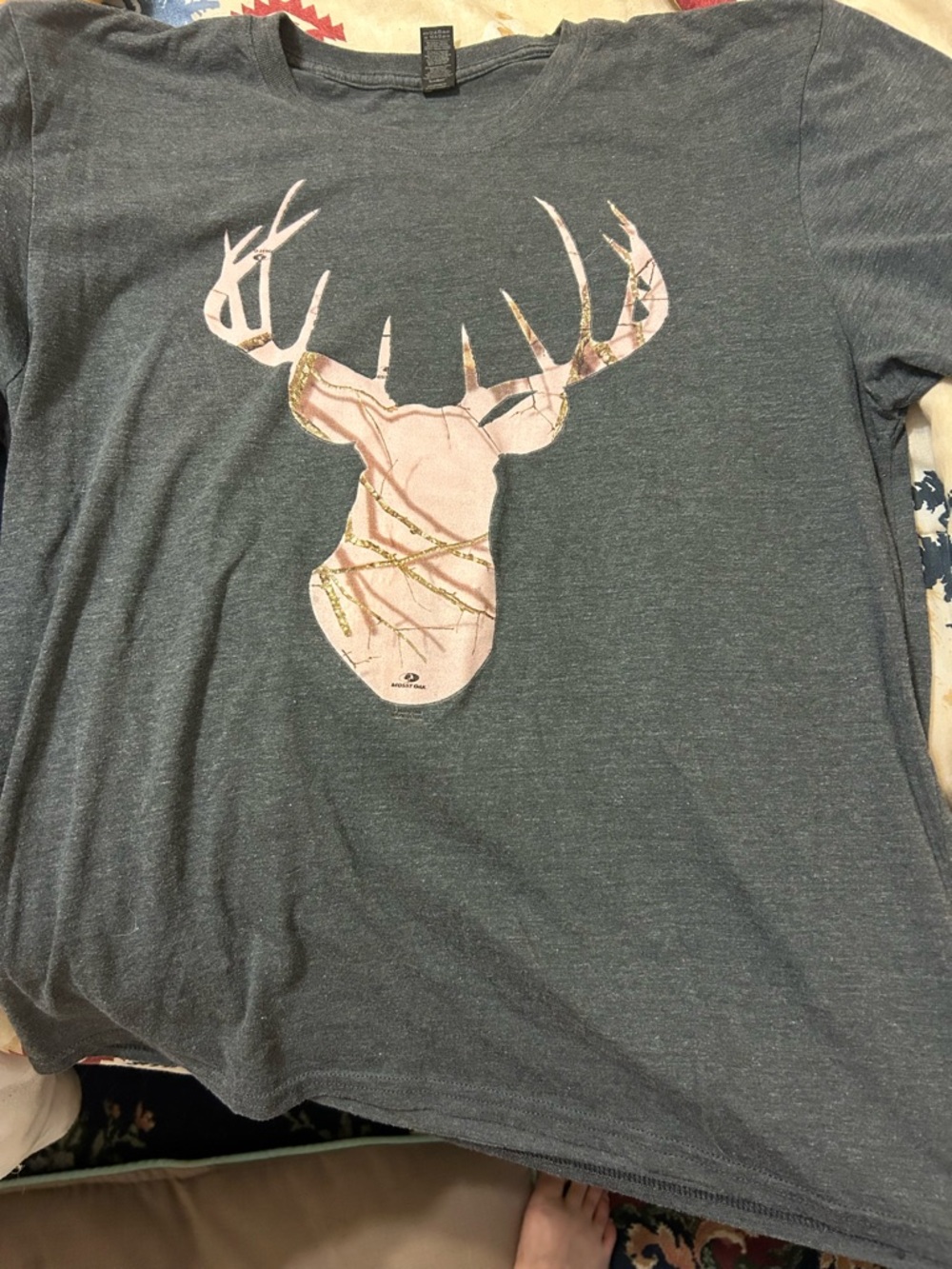 Anvil Women's Gray Tee with Pink Deer Head Graphic